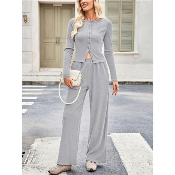 Button-Up Top & Wide Leg Pants Set - Picture 1 of 6